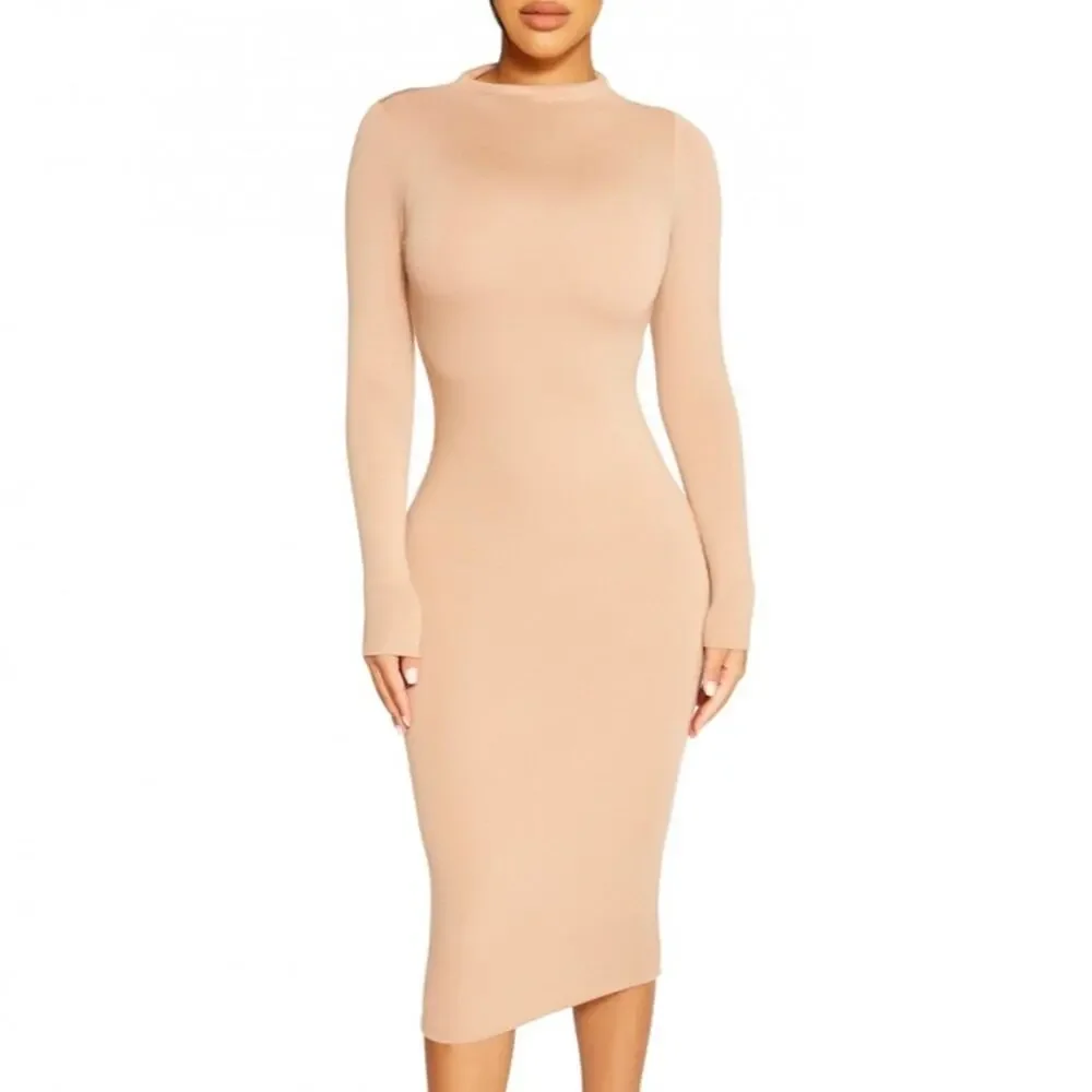 naked wardrobe | Dresses | Naked Wardrobe Nude Long Sleeve Back Cutout Midi  Dress Size Small | Poshmark